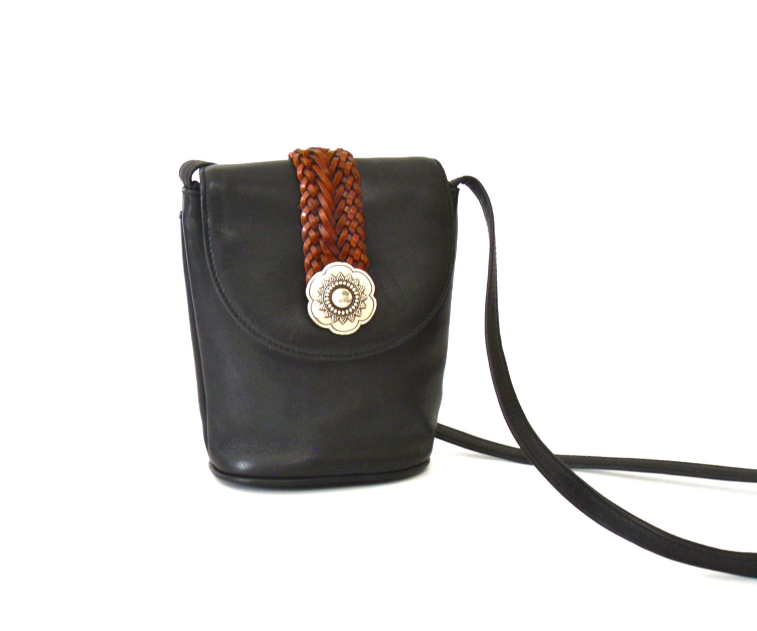 Vintage Black Leather Brighton Small Crossbody Bag Purse Woven
