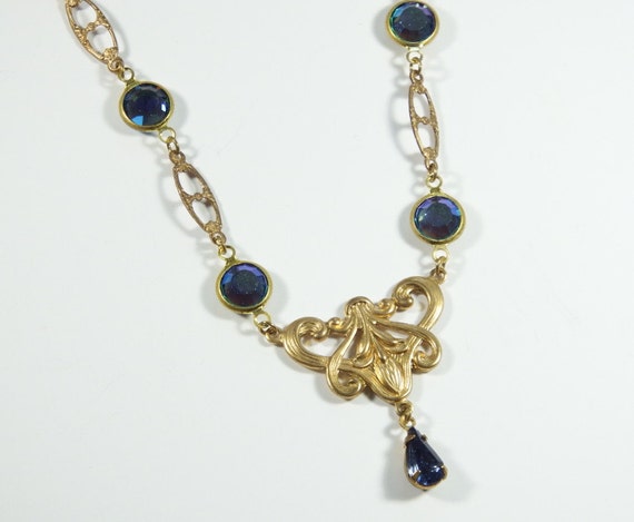 Items similar to Art Nouveau Style Blue Necklace, Brass and Swarovski ...