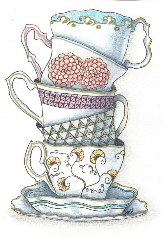 Stacked tea cups card. 4x6 collectable card by mypaperskystudio