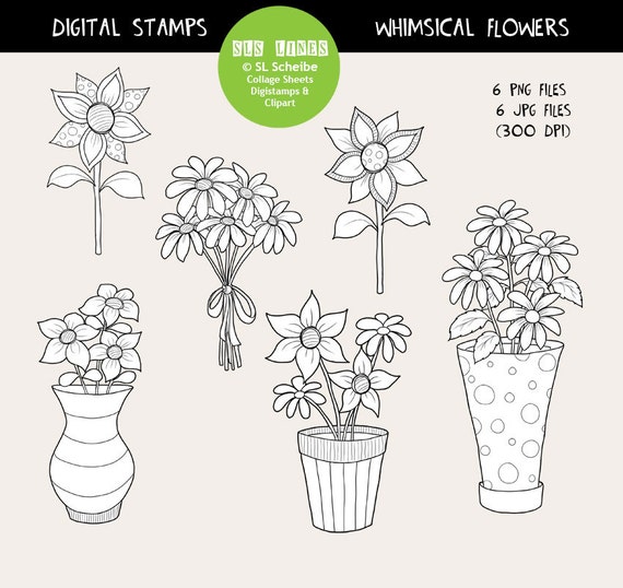 Whimsical Flowers Digital Stamp Set Spring Garden Digistamps Instant Download Flower Coloring By SLS Lines