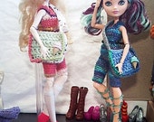 Custom crocheted Purple and Pink Jumpers with purses for Ever after high dolls.