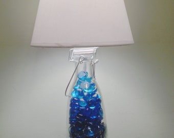 jug clear blue gems  bottle milk  filled jug lamp glass  table lamp with glass milk glass