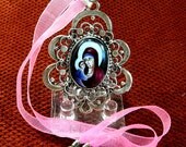 Cameo Hand Painted Mary & Child Pendant Original Art Porcelain Motif Silver Plated Bezel Set Pink Ribbon Necklace Art Ladies Jewelry Gift