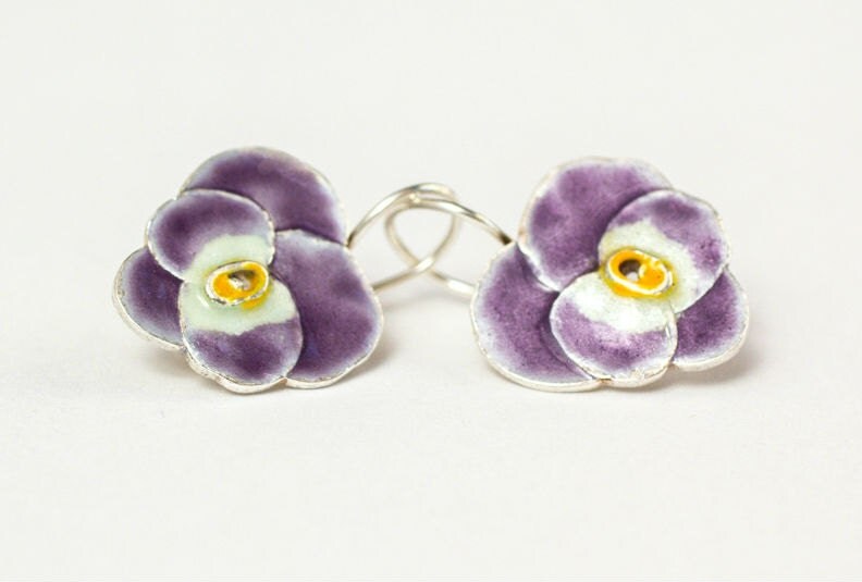 Pansy Earrings Silver Enamel Earrings Spring Flower