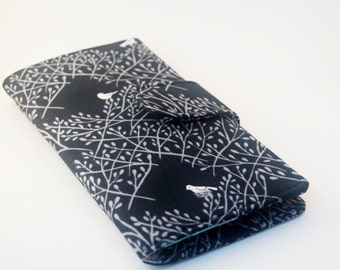 Handmade Wallet, Women's Fabric Vegan Wallet, Black and Grey, Birds and Branches