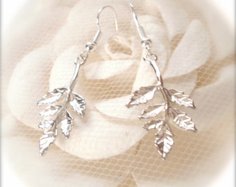 Leaf Branch Sterling Silver Plated Dangle Earrings, Leaf Branch Dangle Earrings, Bridesmaid Gift, Romantic Jewelry Leaf Jewelry Gift For Her