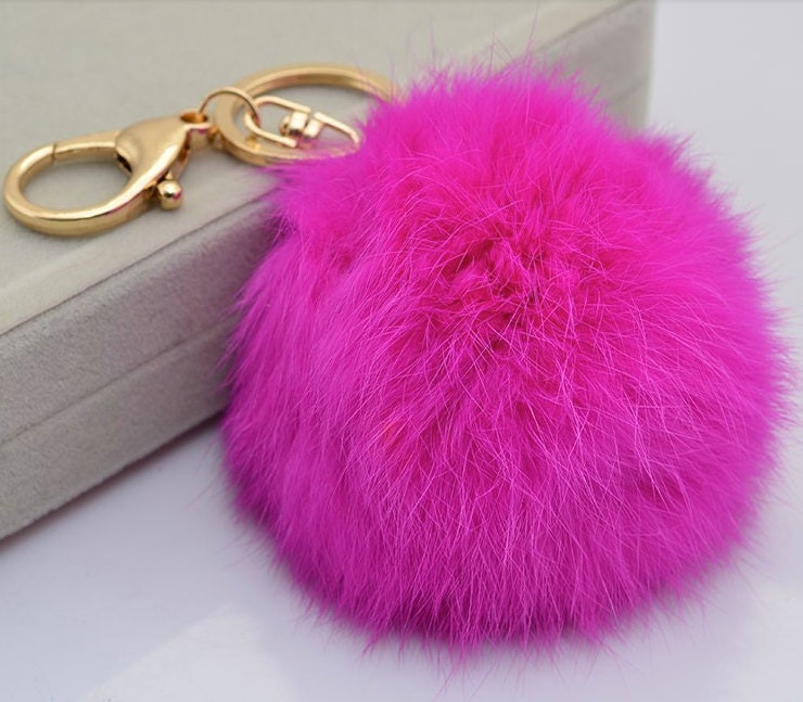 HOT PINK Fur ball charm Genuine Rabbit fur ball pom pom keychain for ...