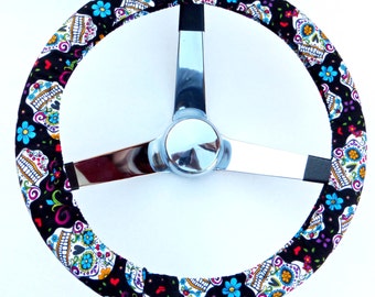 Black Folkloric Sugar Skull Day of the Dead Steering Wheel Cover