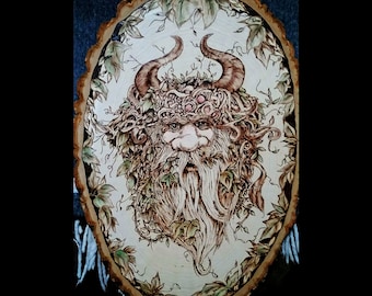 Greenman rustic wood plaque