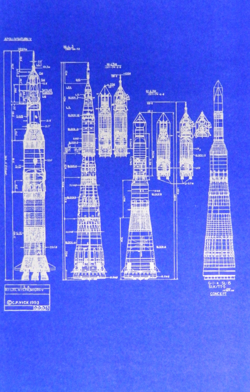 NASA Saturn V and Soviet N-1 Rockets Blueprint by BlueprintPlace2