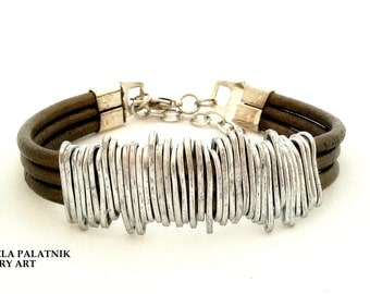 Bronze leather bracelet, Wrapped Bracelet, Rustic Leather Bracelet, Hammered Silver Wire, Women Statement Bracelet, Silver Charm Bracelet.