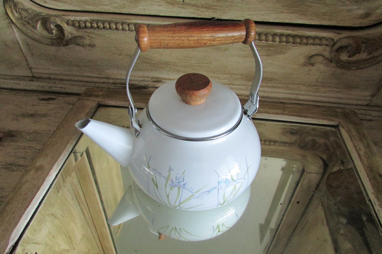 Vintage Enamel white iris Lincoware Teapot wood handles Haute Juice