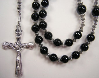 Mens Black XXL Rosary Catholic Necklace Gemstone XXLong 25 inch Genuine Black Onyx Beads Católica Masculino Collar Rosario Free Shipping USA