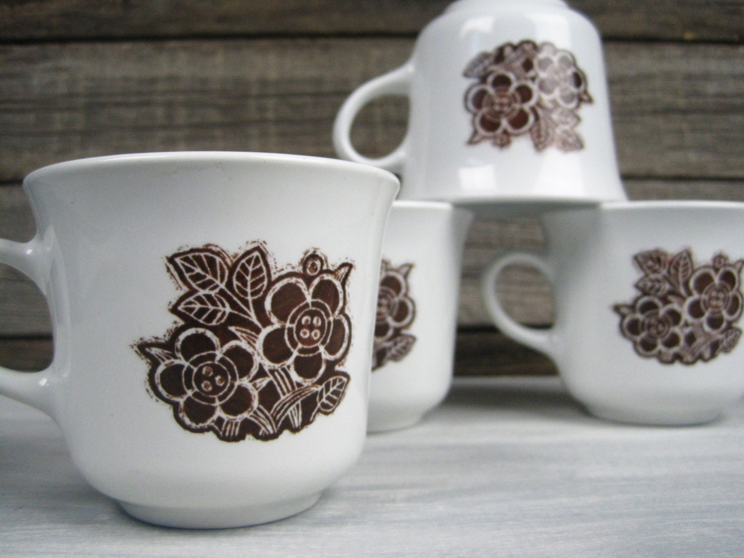 Corelle Brown Floral Batik Pattern Coffee Mugs Set of 4