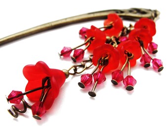 Japanese hair stick with frosted red lucite flowers - floral garden collection - hairstick, hair ornament, hairpin - stick to choose