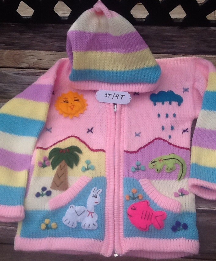 3T/4T Handmade pink sweater with farm animals by ColibriShop
