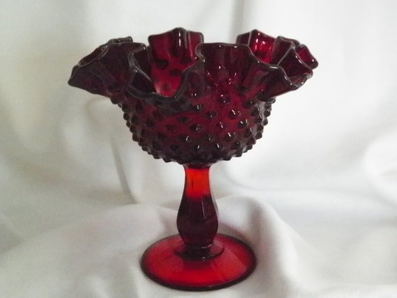 Fenton Red Hobnail Compote vintage pedestal by JSVintageVillage