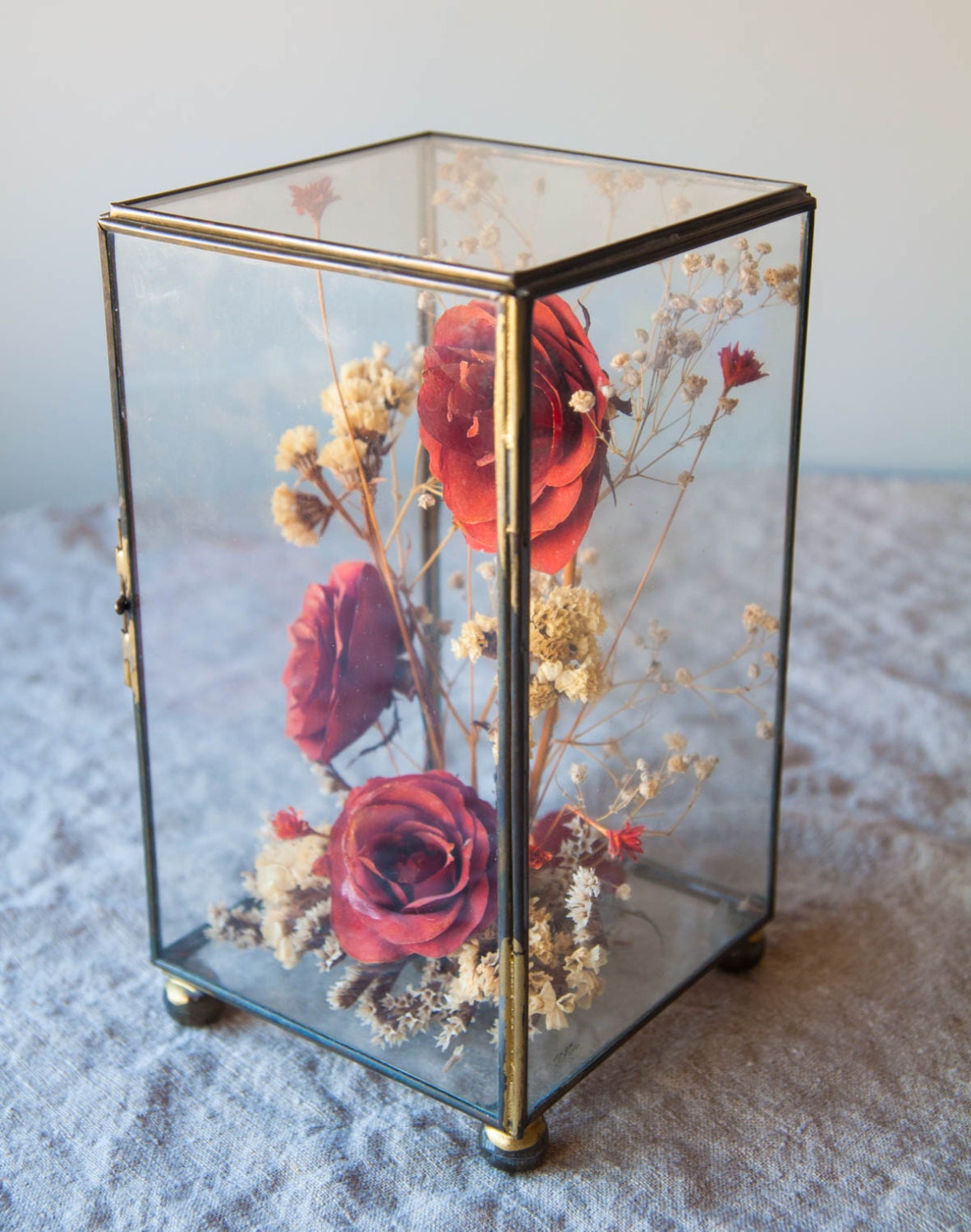 Vintage Brass Display Case with Dried Rose by SpottedByJenna
