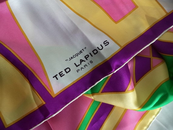 Ted Lapidus 'Jacquet' rare/never worn/ vintage 60s Bold Silk Rolled Green Purple Macro Print Op Art Scarf