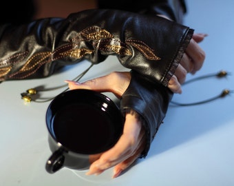 Leather Fingerless Gloves Cosplay Womens Black Gloves Streetwear Prom Night Accessories Evening Elegant Wear Leather Gloves Birthday Gift