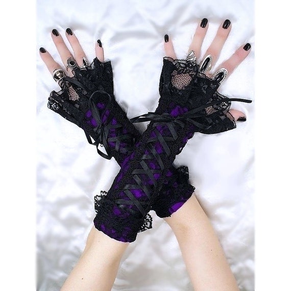 Items Similar To Black And Purple Long Fingerless Lace Gloves Black Lace Arm Warmers In Gothic