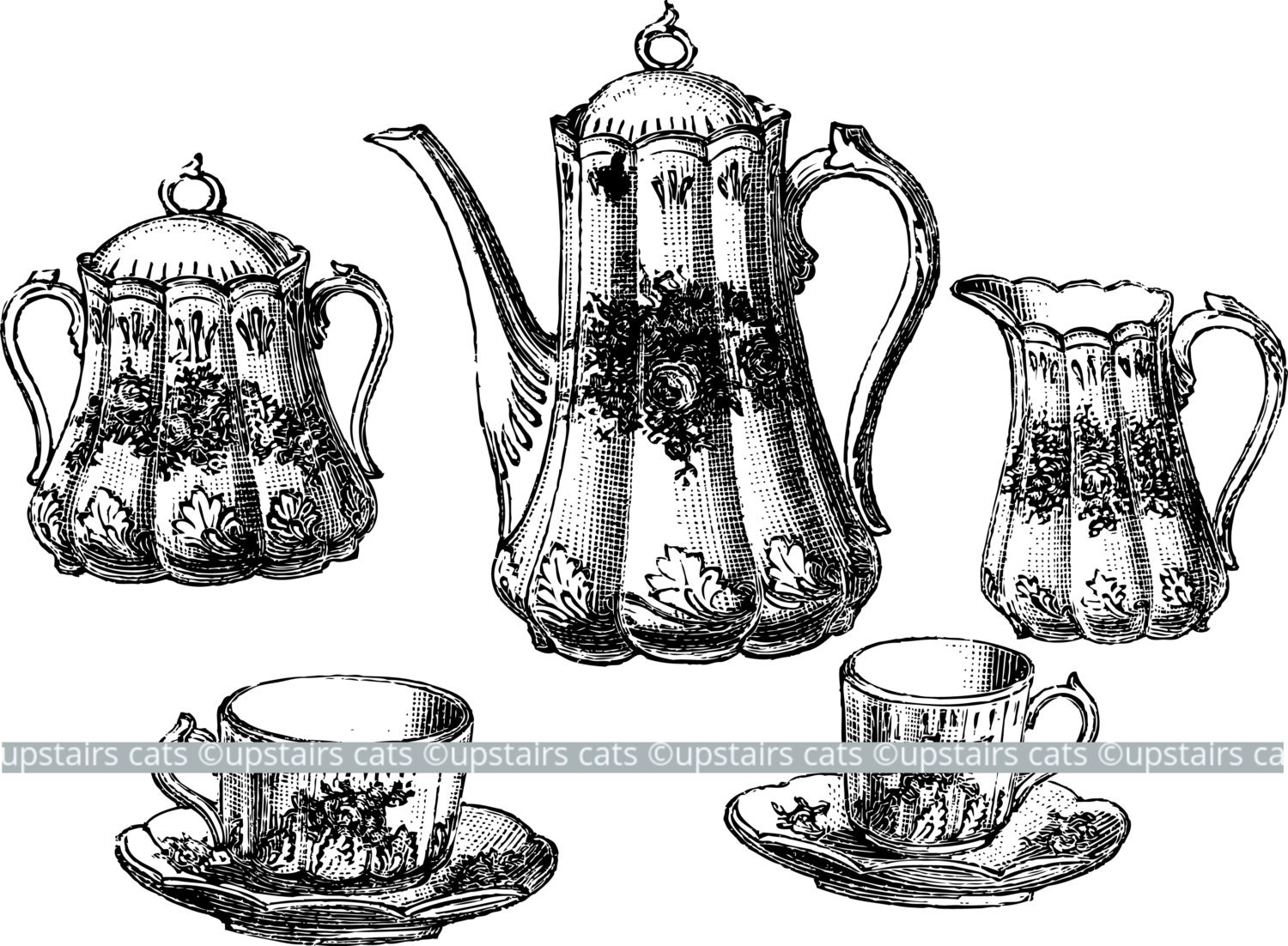 Vintage Teaset Antique: Teapot and Teacups Set Clipart Graphic