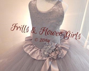 Grey Flower Girl Dress or Silver Lace Halter Tutu Dress Flower Girl Dress Sizes 12 Mo up to Girls Size 12