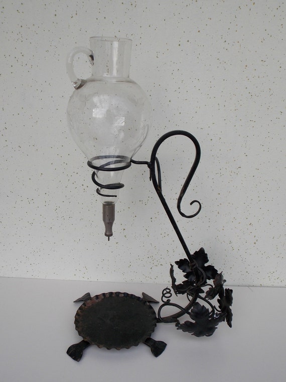 Wine Decanter on a Metal Stand Mid Century Etched Grapes and