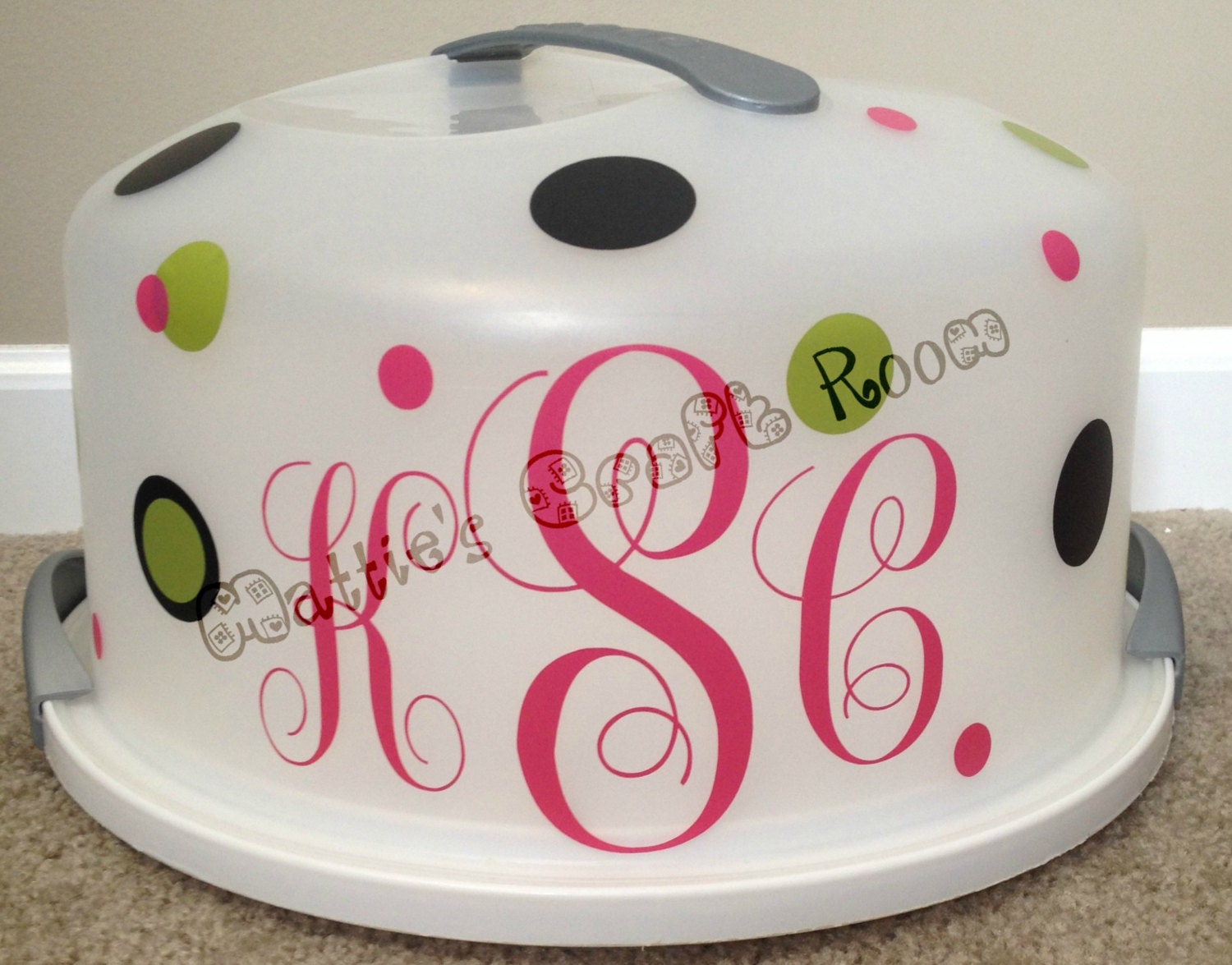 Cake carrier with monogrammed vinyl accents. Can be any color