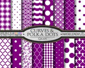 Grape Purple Geometric Digital Paper - Purple Patterns Scrapbook Paper with Printable Purple Backgrounds and Polka Dot Backdrops