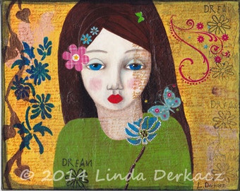 Dreamer blue eyes mixed media art print "Dream" 8 x 10 wall art inspirational art print whimsical folk art print petty girl Linda Derkacz