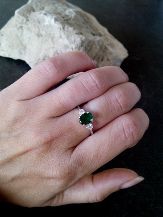 SALE Oval Emerald Ring Thin Stackable RingSterling silver