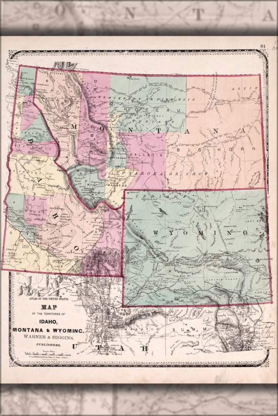 24x36 Poster Map Of Idaho Montana & Wyoming 1870 by HistoryPrints