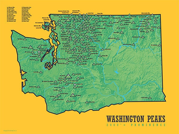 Washington Prominent Peaks Map 18x24 Poster 428 By Bestmapsever