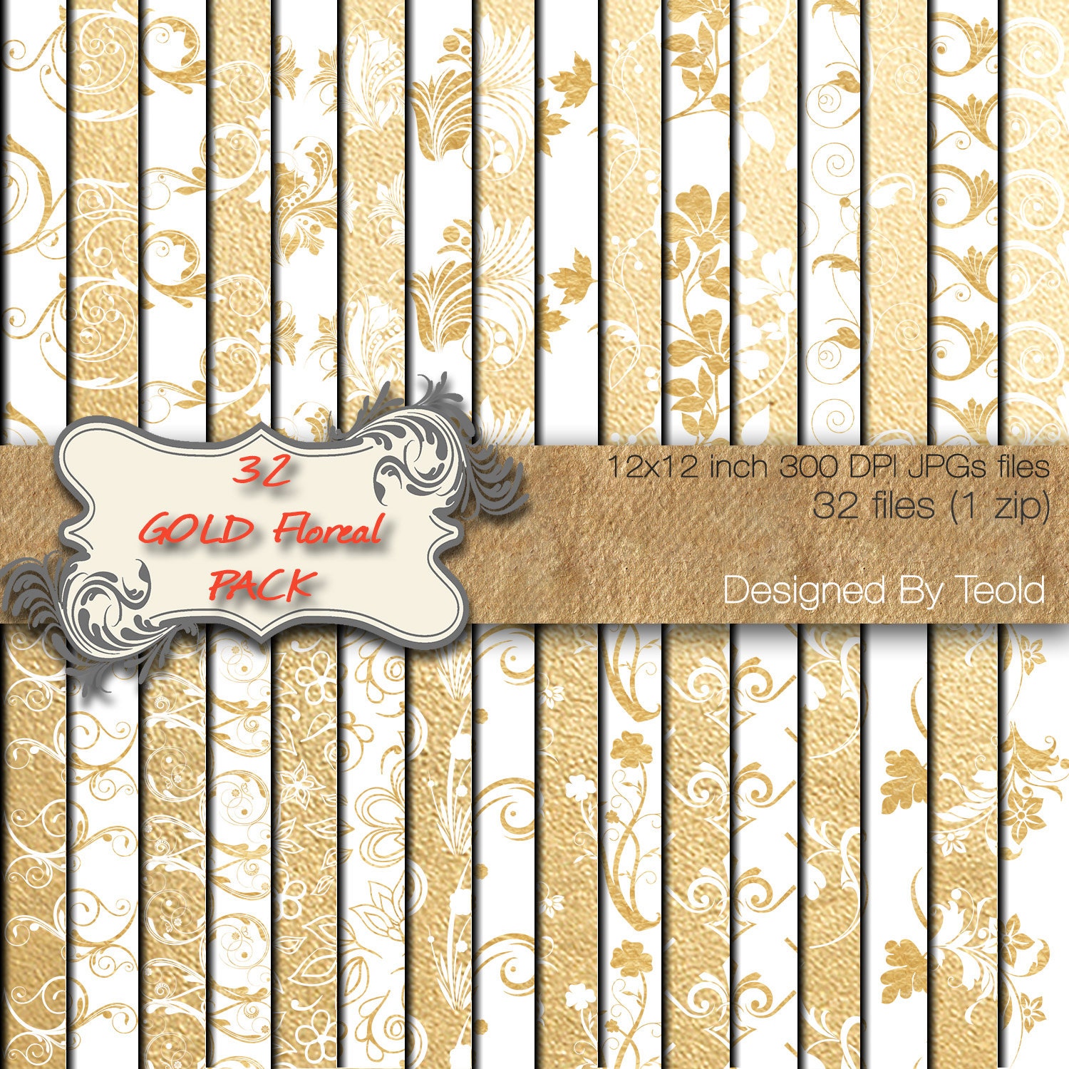 Gold Digital Paper Gold Floral Scrapbook Paper by TeoldDesign