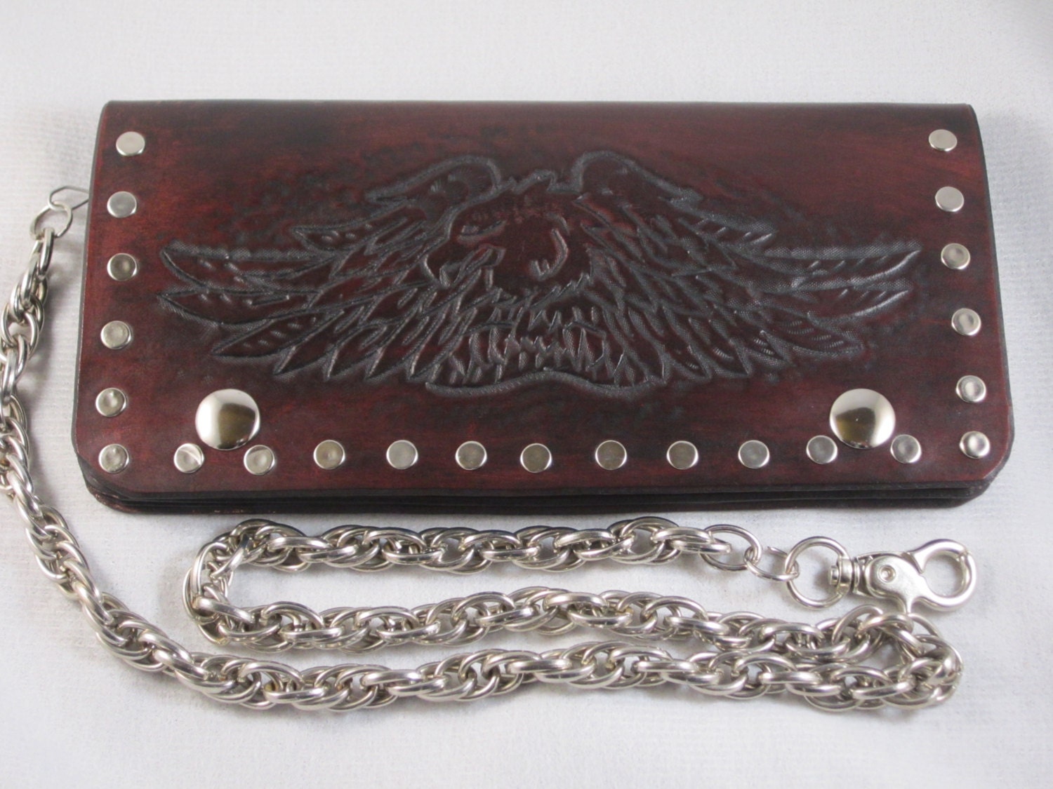 Leather biker's wallet and chain with hand tooled by WesleyLeather