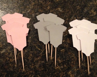 Baby Shower Decor, Onesie Baby Cupcake Toppers, Party Picks, Food Picks, Onesie, 12 Pink/Grey/White Baby Onesies