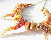 STATEMENT NECKLACE, Long Sculptured Lampwork Tendrils, Red, Gold, Specialty Biwa Pearls, Red Coral, 14k Gold Filled Luxe Necklace, OOAK Gift