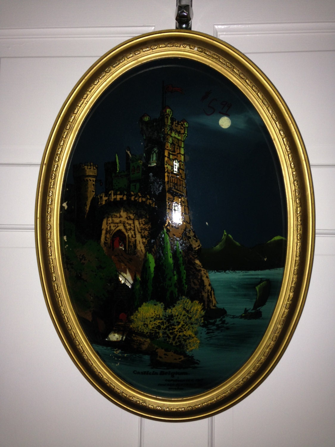 Antique reverse glass painting Castle in Belgium