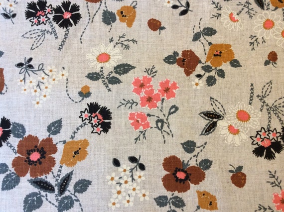 Linen cotton blend fabric. Floral screen print coral brown