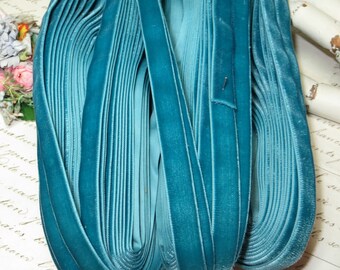 3/8" AQUA TURQUOISE BLUE Tubing Velvet Stiff Backing Vintage Antqiue Teal Ribbon Boho Choker Millinery Hat Trim Antique Doll Dress