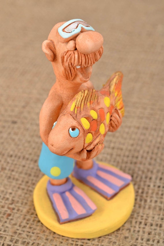 Homemade ceramic figurine Underwater Fishing by SouvenirRiver