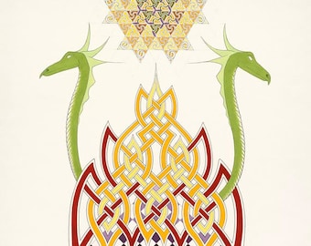 ILLUMINATION. Original Celtic Art and Design print incorporating dragons, fire and a visionary mandala.