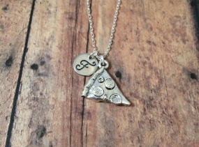 Pizza initial necklace - silver pizza charm, pizza necklace, hand stamped necklace, initial jewelry