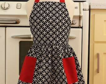 Vintage Inspired Black and White Deco Tiles with RED Full Apron for Little Girls