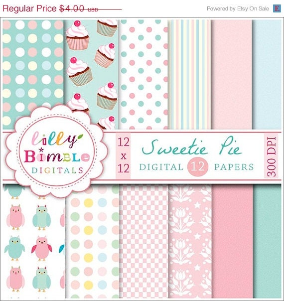 50% off Sweetie Pie digital papers for scrapbooking, cupcakes, owls, pastel instant download Il_570xn