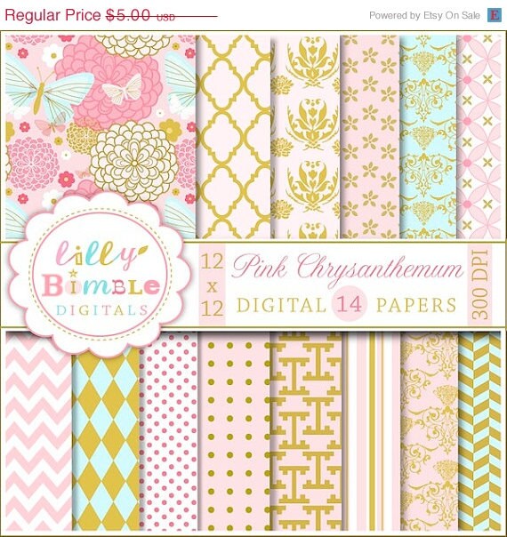 50% off Elegant Digital Scrapbook Paper with Pink Chrysanthemum, mums, flowers, pink and gold printable DIgital Download Il_570xn