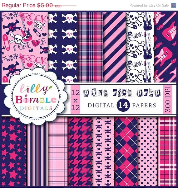 50% off Digital Scrapbook Papers PUNK ROCK Preppy Navy and Hot Pink Commercial Use included Instant Download Il_570xn