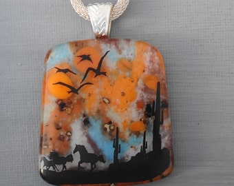 Horse Pendant, Glass Image Pendant, Glass Necklace, Square Fused Glass Pendant, Stone Look Glass Pendant - Wild Horses