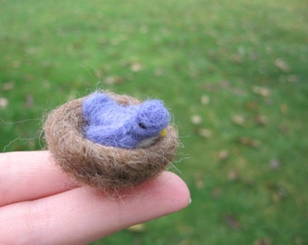 Needle Felted Miniature Purple Bird With Nest Tiny Figure